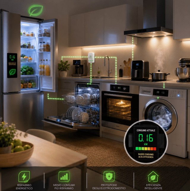 Confezione di Energy Saver con adattatori e manuale