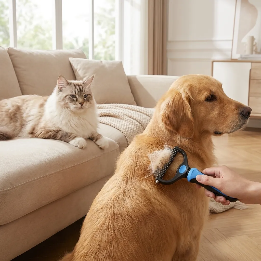 Cane e gatto spazzolati con FurBlade sul divano