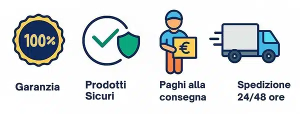 Garanzia, prodotti sicuri, pagamento alla consegna e spedizione in 24/48 ore